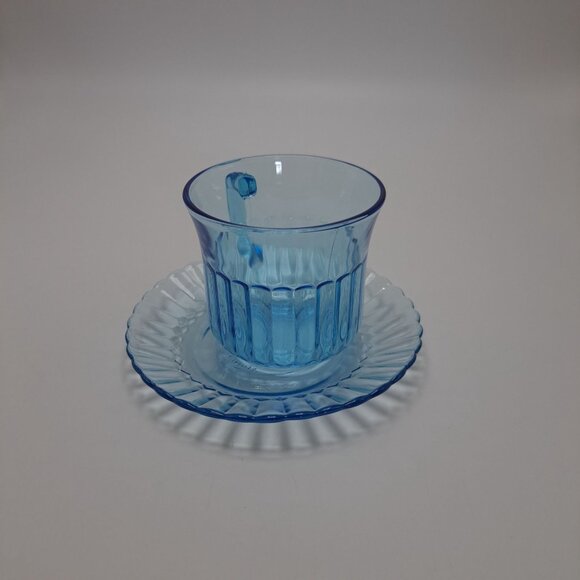 Fortecrisa Mexico Ice Azure Blue Ribbed Glass Cup & Saucer Set - Picture 3 of 11